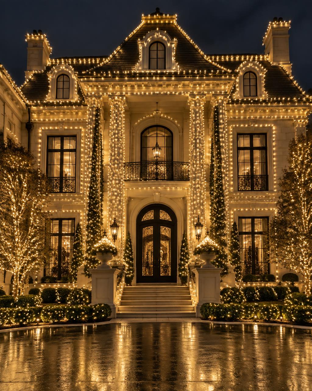 Grand Texas home outlined in warm white Christmas lights