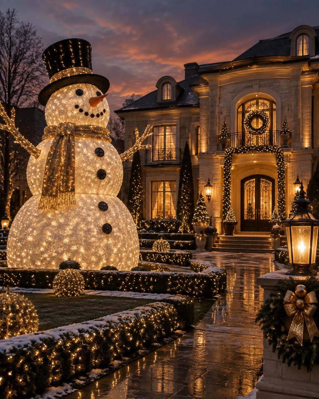 A huge illuminated snowman welcoming guests to a decorated estate